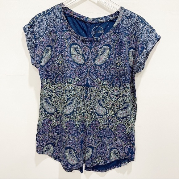 Lucky Brand Paisley Split Back Tee in Navy Size Small - Picture 1 of 11